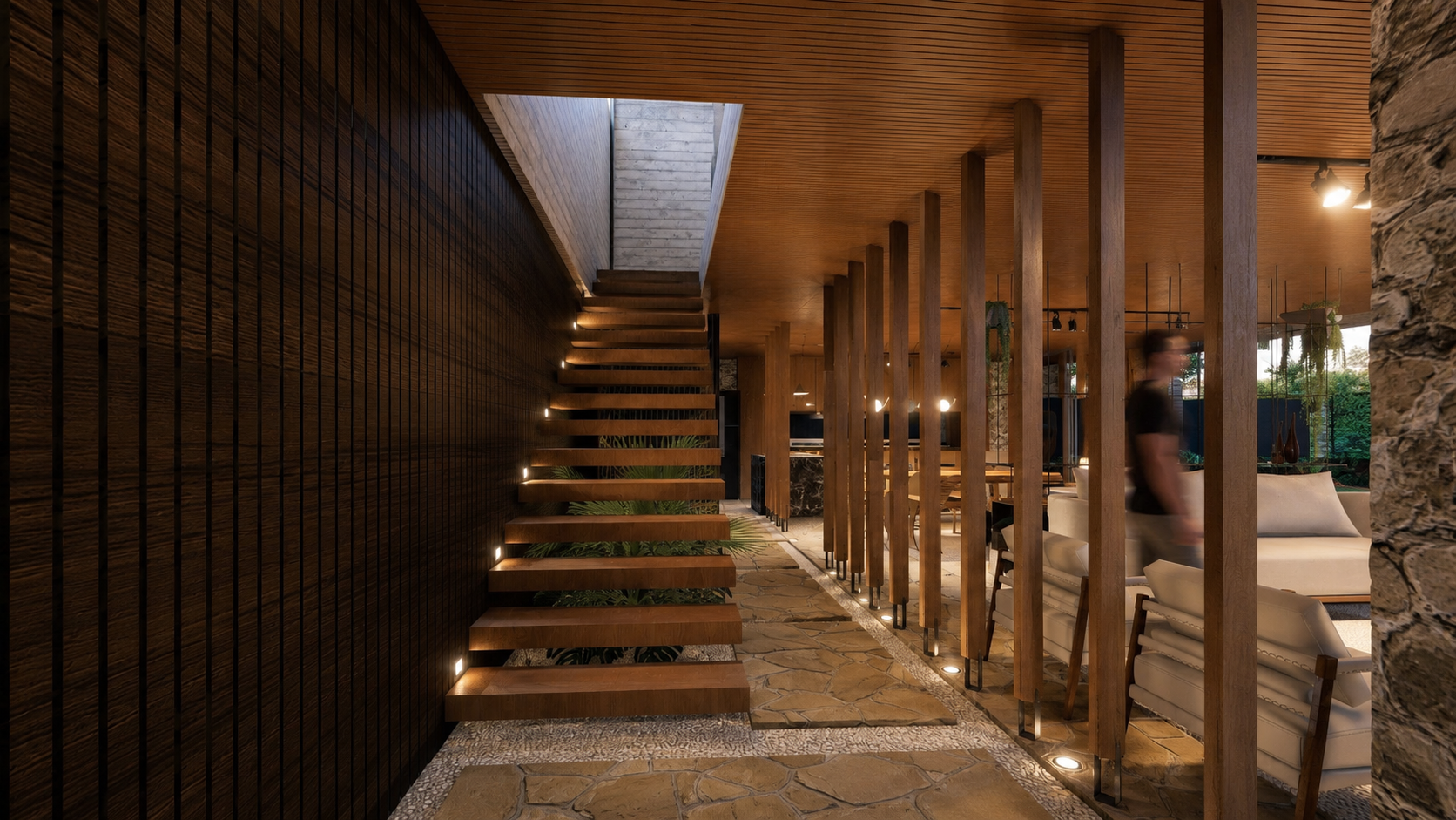 Residência contemporânea de alto padrão com arquitetura tropical minimalista, integração entre interiores e natureza, volumes em concreto aparente, madeira natural, piscina em pedra natural e ambientes amplos inspirados na arquitetura autoral contemp