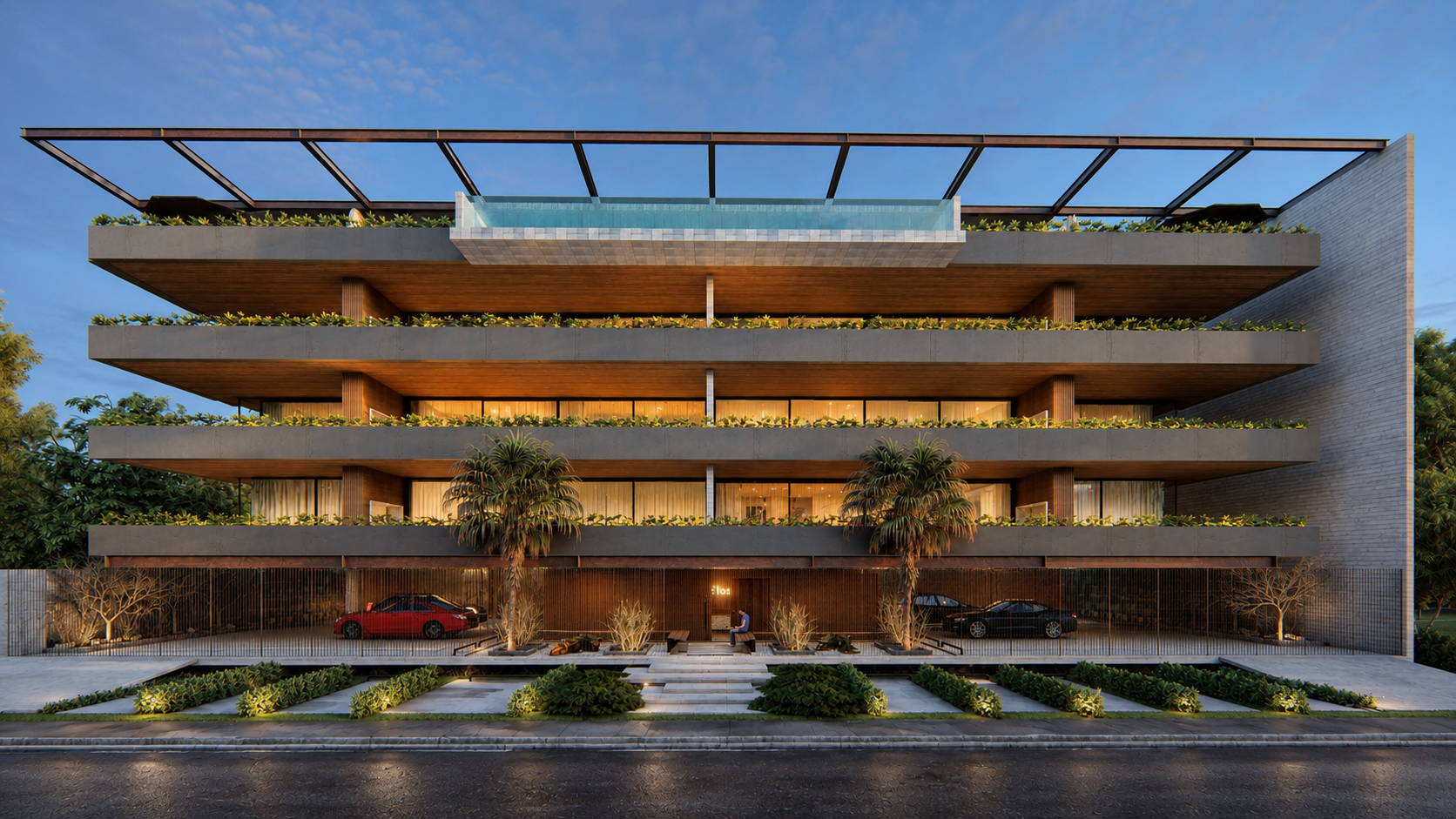 Empreendimento residencial contemporâneo de alto padrão com arquitetura autoral, rooftop com piscina, áreas de lazer sofisticadas, interiores minimalistas e integração entre madeira, pedra natural e paisagismo tropical.