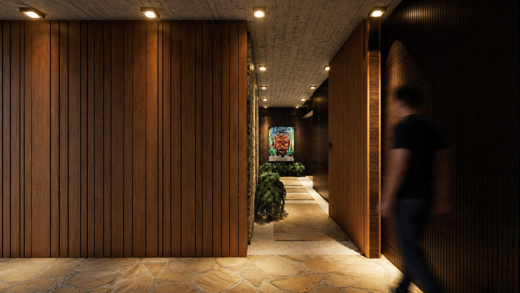 Residência contemporânea de alto padrão com arquitetura tropical minimalista, integração entre interiores e natureza, volumes em concreto aparente, madeira natural, piscina em pedra natural e ambientes amplos inspirados na arquitetura autoral contemp