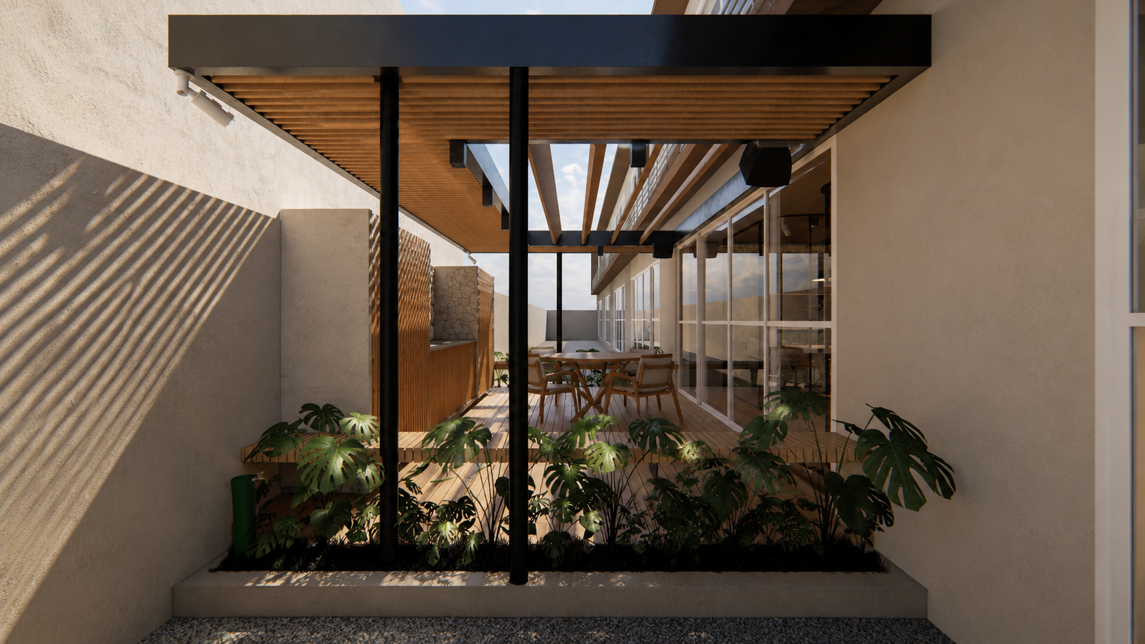 Projeto corporativo contemporâneo com arquitetura minimalista, integração entre madeira natural, pedra moledo e estrutura metálica. Ambientes sofisticados com iluminação natural, design biofílico e espaços de convivência que unem conforto, funcionali