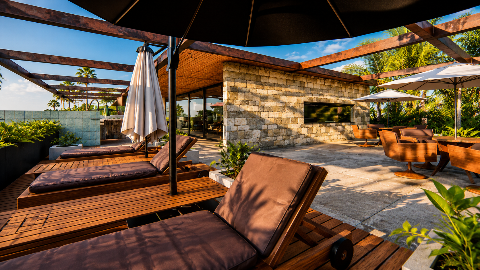 Empreendimento residencial contemporâneo de alto padrão com arquitetura autoral, rooftop com piscina, áreas de lazer sofisticadas, interiores minimalistas e integração entre madeira, pedra natural e paisagismo tropical.
