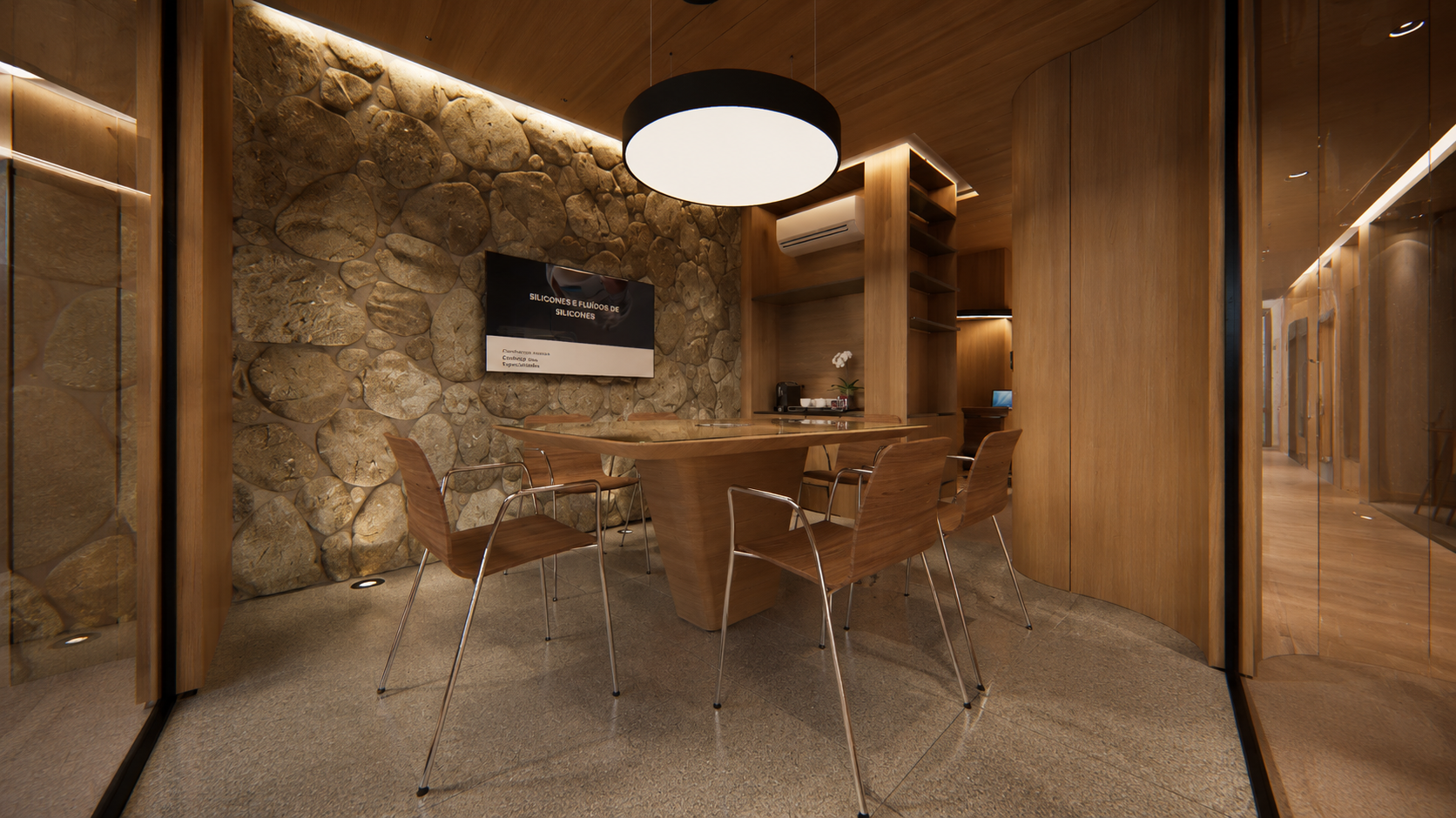 Projeto corporativo contemporâneo com arquitetura minimalista, integração entre madeira natural, pedra moledo e estrutura metálica. Ambientes sofisticados com iluminação natural, design biofílico e espaços de convivência que unem conforto, funcionali