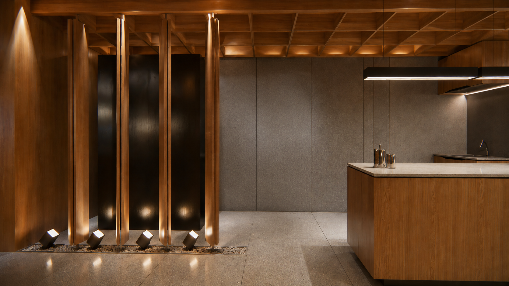 Projeto corporativo contemporâneo com arquitetura minimalista, integração entre madeira natural, pedra moledo e estrutura metálica. Ambientes sofisticados com iluminação natural, design biofílico e espaços de convivência que unem conforto, funcionali