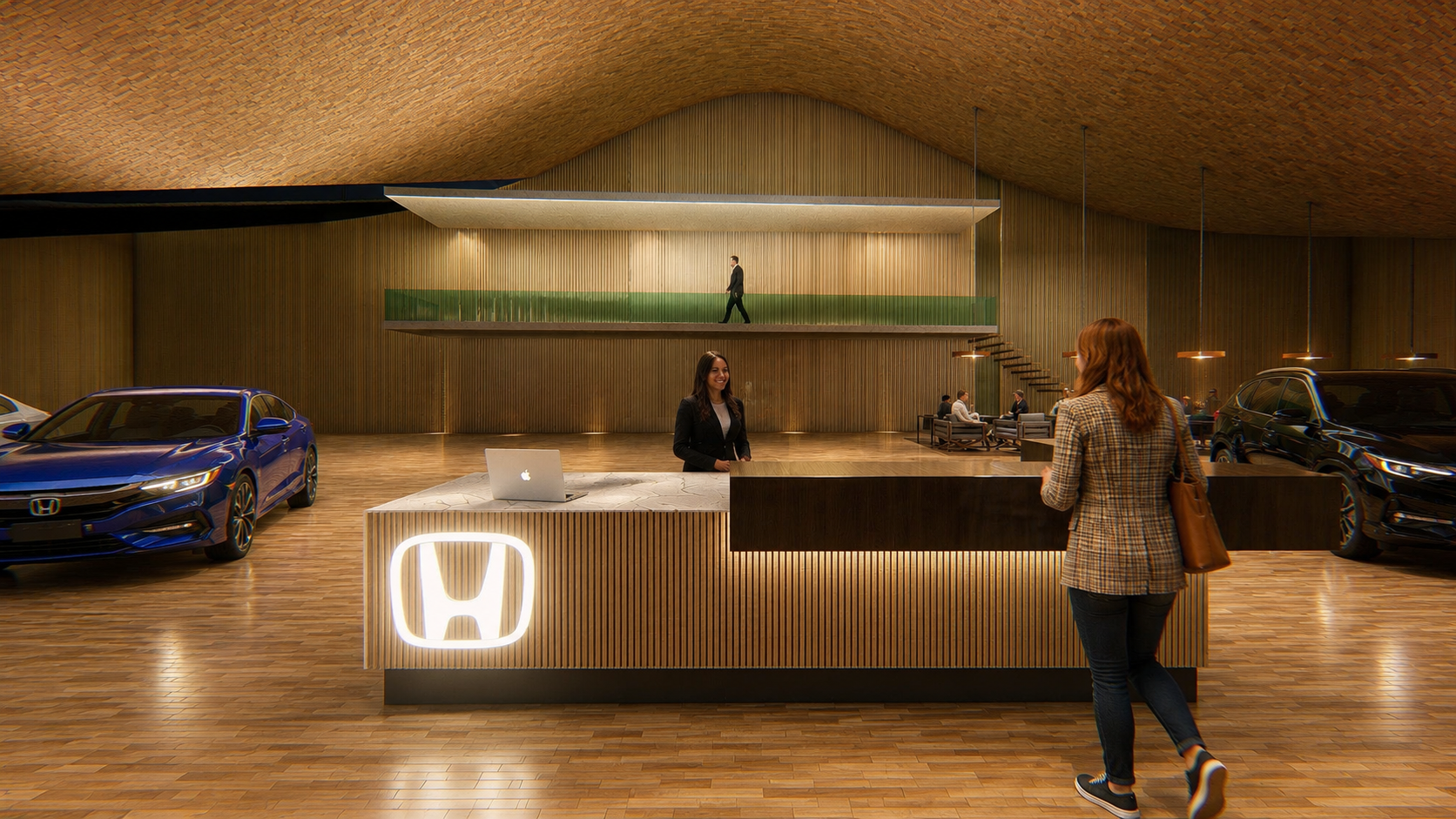 Concessionária automotiva contemporânea com arquitetura orgânica e sustentável, marcada por grandes curvas estruturais, cobertura verde, interiores sofisticados em madeira natural e amplas fachadas envidraçadas. O projeto EcoCarStore combina design i