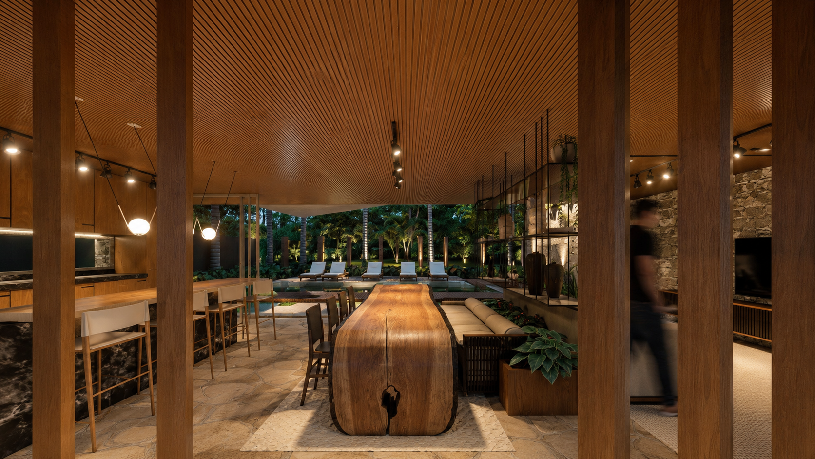 Residência contemporânea de alto padrão com arquitetura tropical minimalista, integração entre interiores e natureza, volumes em concreto aparente, madeira natural, piscina em pedra natural e ambientes amplos inspirados na arquitetura autoral contemp