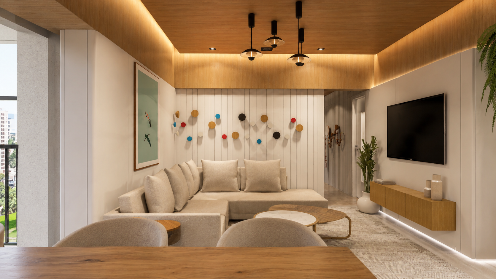 Projeto de interiores contemporâneo para apartamento de 100m², com ambientes integrados, marcenaria sob medida, iluminação indireta, materiais naturais e design minimalista sofisticado, criando espaços acolhedores, funcionais e atemporais.