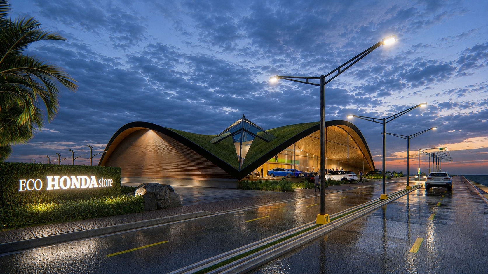 Concessionária automotiva contemporânea com arquitetura orgânica e sustentável, marcada por grandes curvas estruturais, cobertura verde, interiores sofisticados em madeira natural e amplas fachadas envidraçadas. O projeto EcoCarStore combina design i