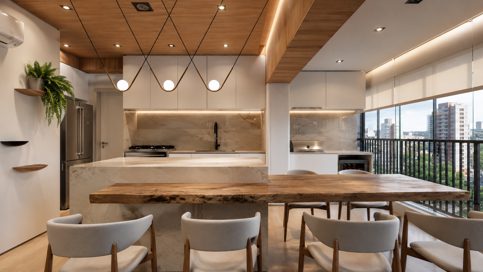 Projeto de interiores contemporâneo para apartamento de 100m², com ambientes integrados, marcenaria sob medida, iluminação indireta, materiais naturais e design minimalista sofisticado, criando espaços acolhedores, funcionais e atemporais.