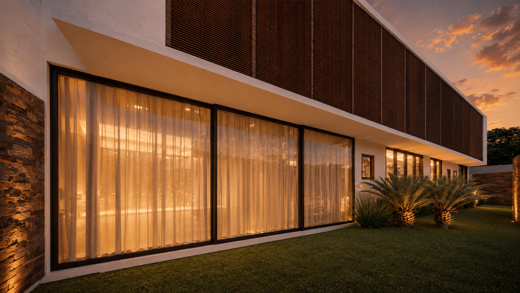 Residência contemporânea de alto padrão em Campinas, com arquitetura minimalista, grandes painéis em madeira Cumaru, volumes em balanço, amplas esquadrias de vidro e integração entre arquitetura, paisagismo e iluminação cênica ao pôr do sol.