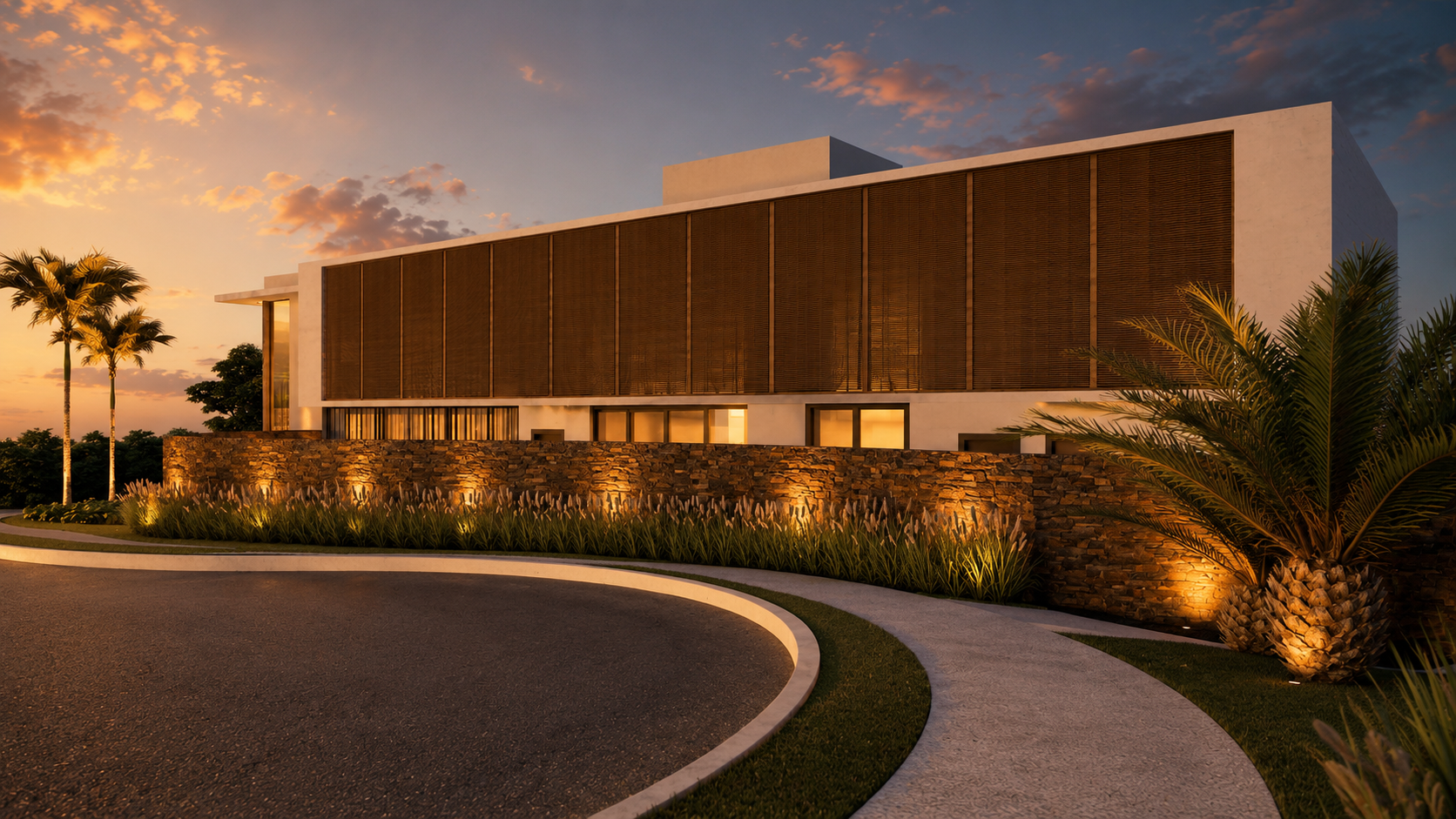 Residência contemporânea de alto padrão em Campinas, com arquitetura minimalista, grandes painéis em madeira Cumaru, volumes em balanço, amplas esquadrias de vidro e integração entre arquitetura, paisagismo e iluminação cênica ao pôr do sol.