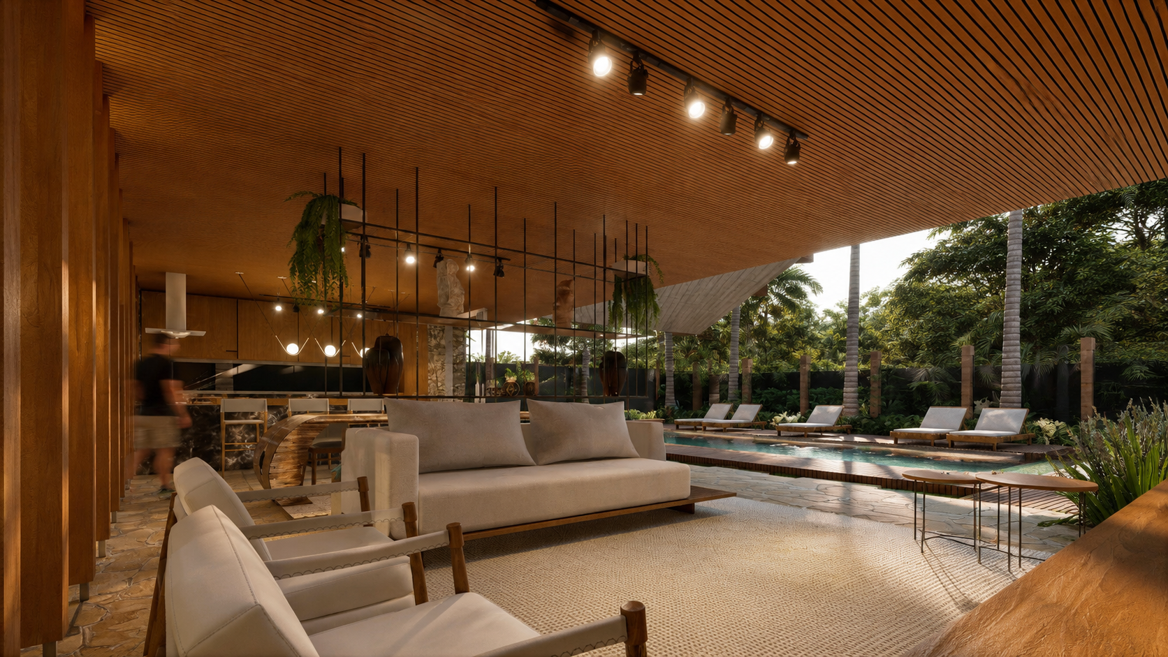 Residência contemporânea de alto padrão com arquitetura tropical minimalista, integração entre interiores e natureza, volumes em concreto aparente, madeira natural, piscina em pedra natural e ambientes amplos inspirados na arquitetura autoral contemp