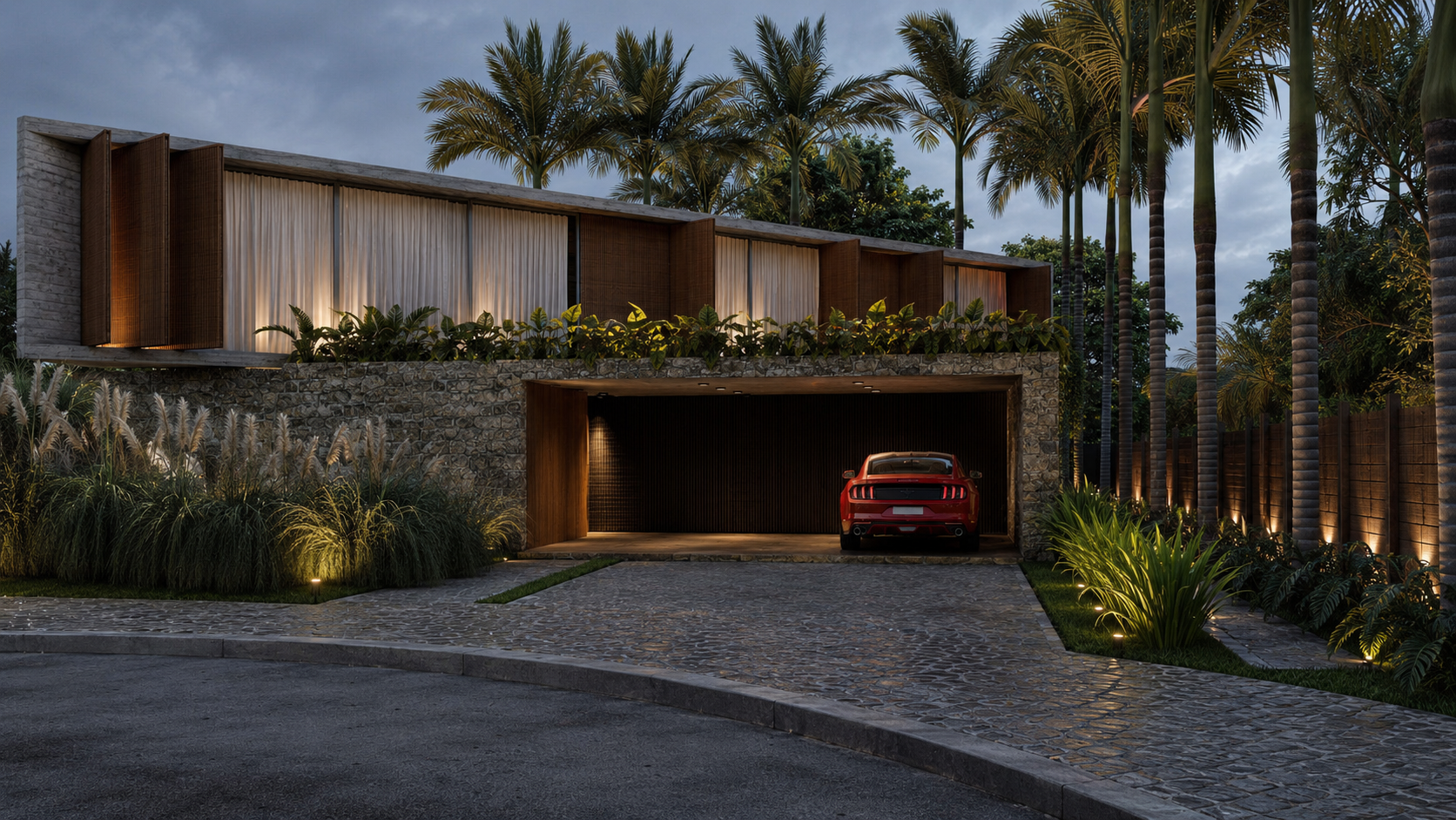 Residência contemporânea de alto padrão com arquitetura tropical minimalista, integração entre interiores e natureza, volumes em concreto aparente, madeira natural, piscina em pedra natural e ambientes amplos inspirados na arquitetura autoral contemp