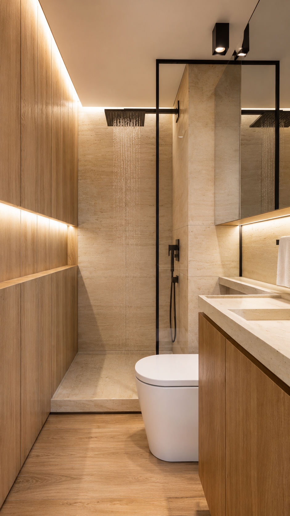 Projeto de interiores contemporâneo para apartamento de 100m², com ambientes integrados, marcenaria sob medida, iluminação indireta, materiais naturais e design minimalista sofisticado, criando espaços acolhedores, funcionais e atemporais.