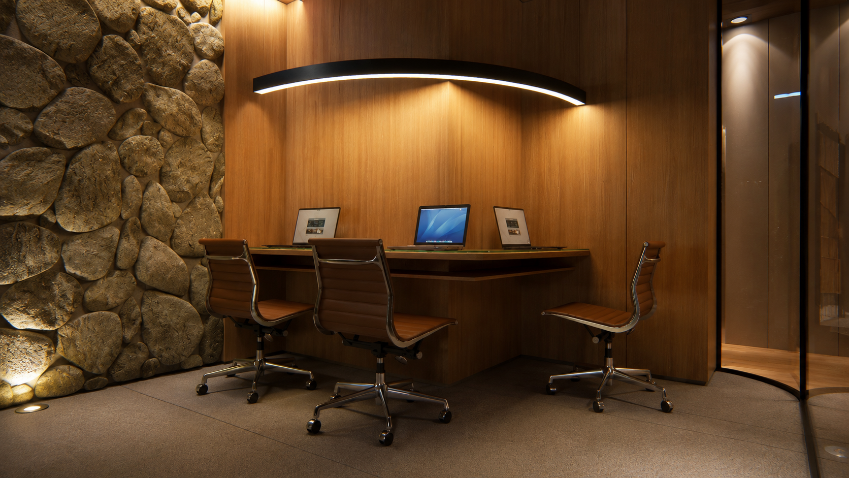 Projeto corporativo contemporâneo com arquitetura minimalista, integração entre madeira natural, pedra moledo e estrutura metálica. Ambientes sofisticados com iluminação natural, design biofílico e espaços de convivência que unem conforto, funcionali
