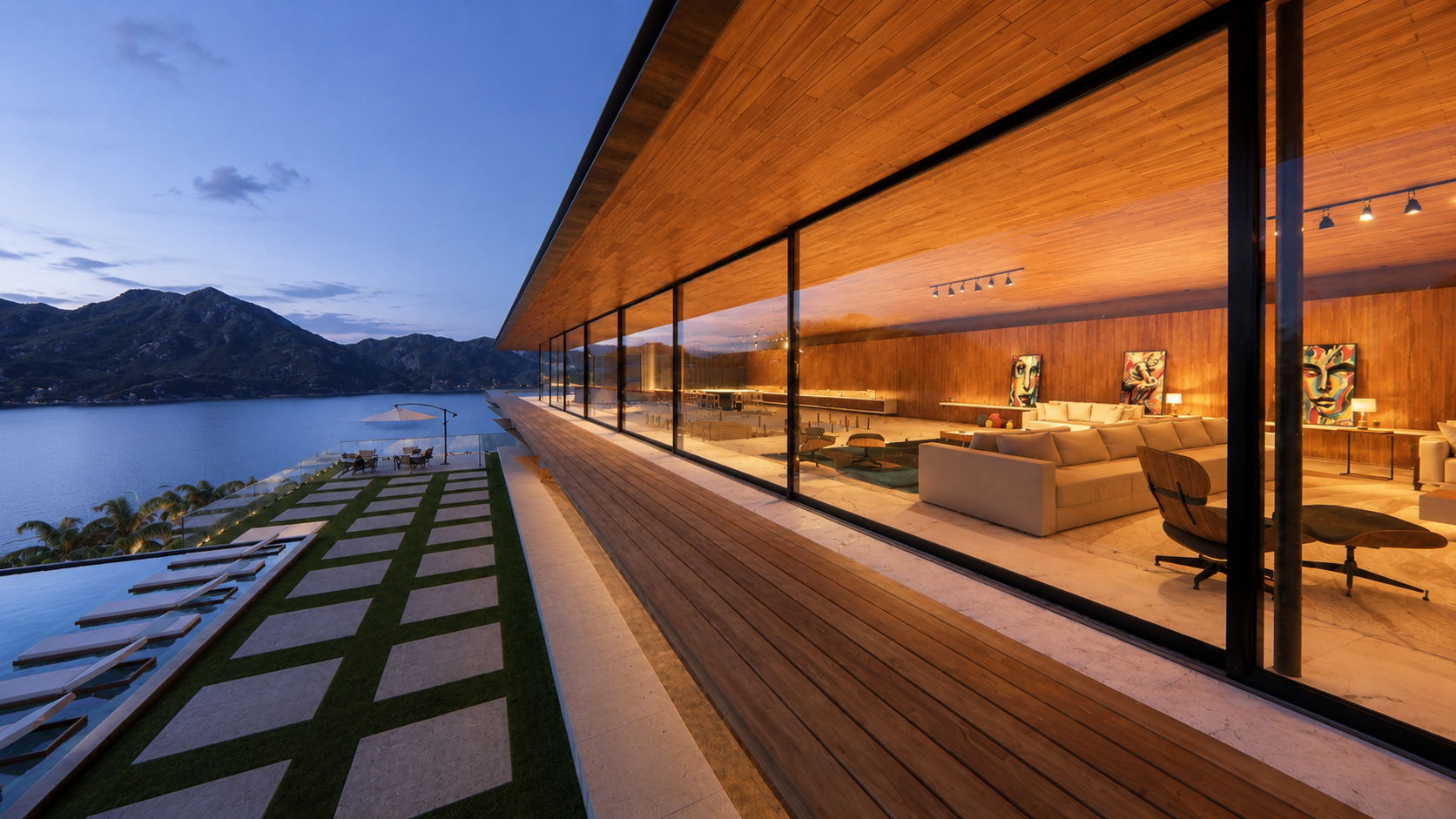 Casa contemporânea de alto padrão em Ilha Bela SP, com arquitetura minimalista integrada à natureza, estrutura metálica leve, grandes panos de vidro, piscina de borda infinita, vista para o mar e acabamento sofisticado em madeira e pedra natural. Pro