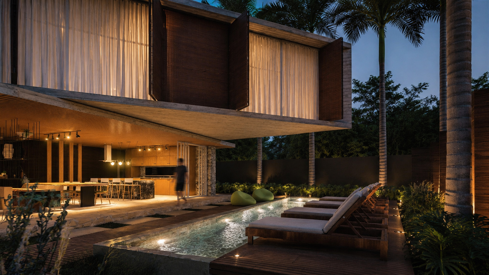 Residência contemporânea de alto padrão com arquitetura tropical minimalista, integração entre interiores e natureza, volumes em concreto aparente, madeira natural, piscina em pedra natural e ambientes amplos inspirados na arquitetura autoral contemp