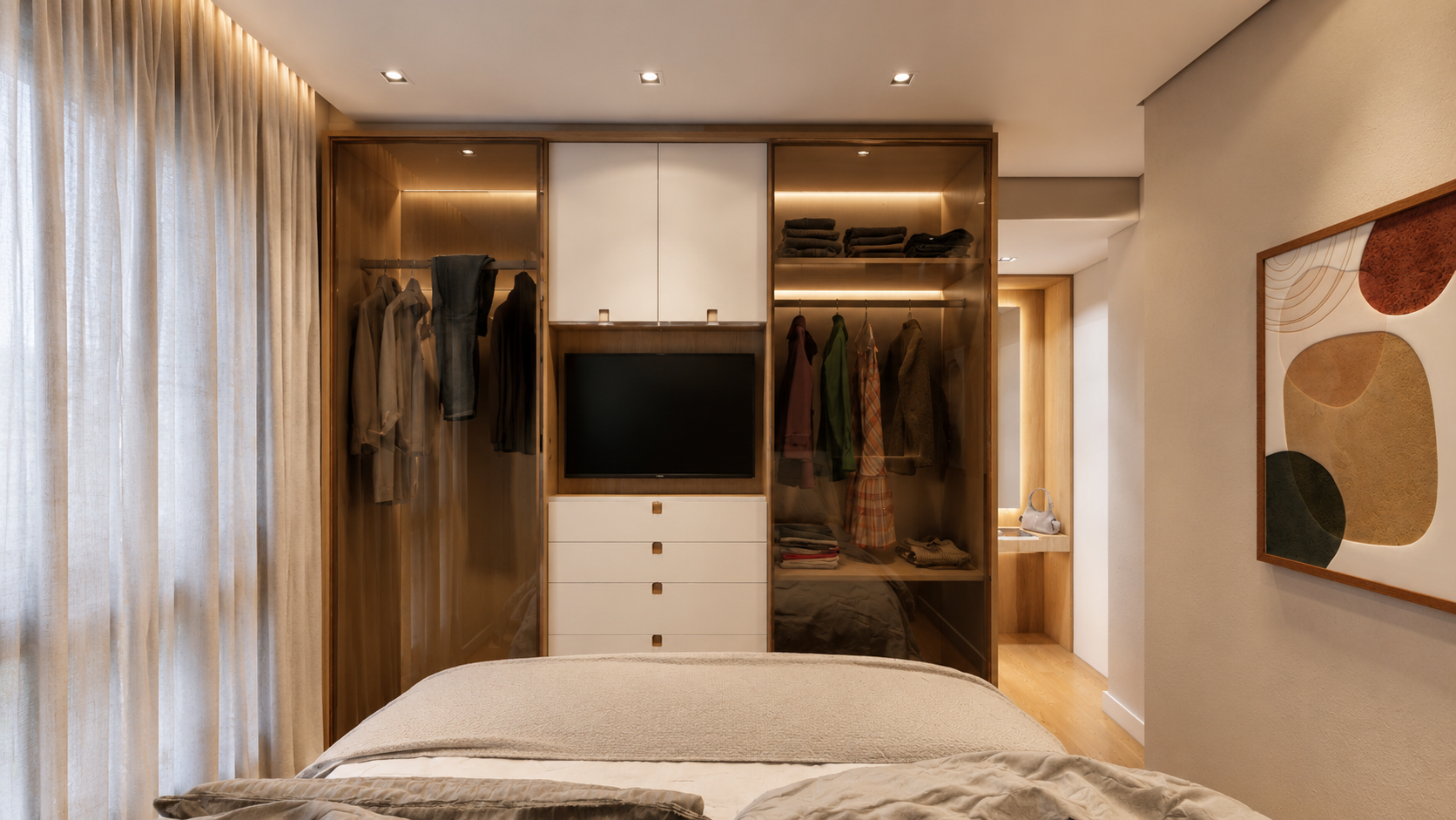 Projeto de interiores contemporâneo para apartamento de 100m², com ambientes integrados, marcenaria sob medida, iluminação indireta, materiais naturais e design minimalista sofisticado, criando espaços acolhedores, funcionais e atemporais.