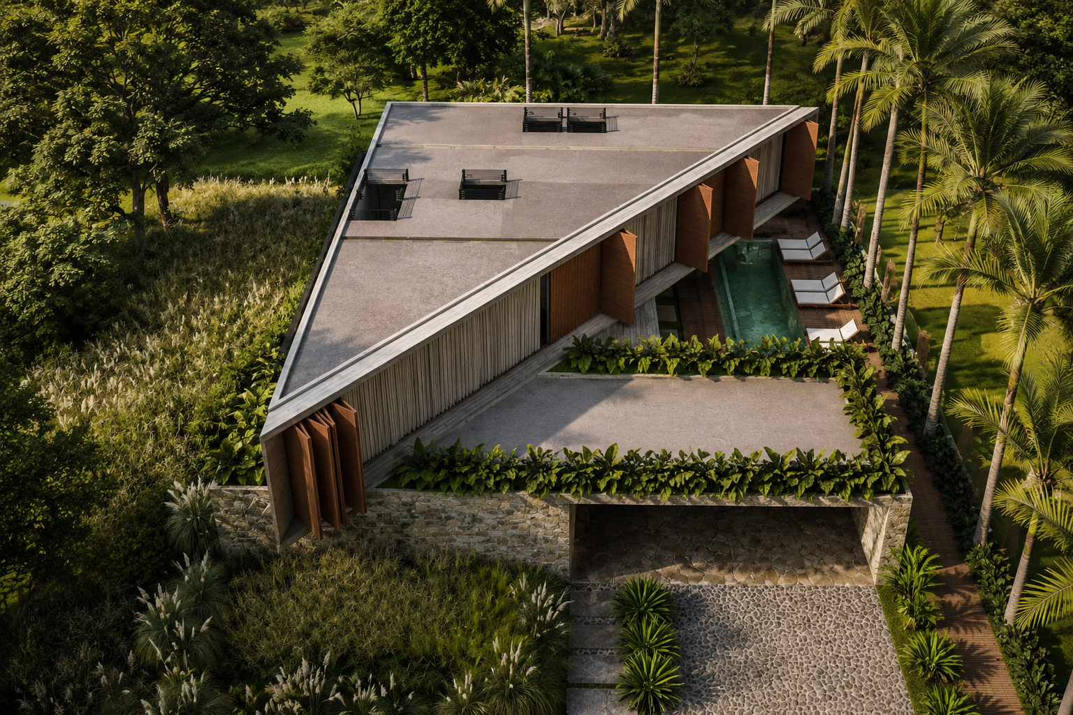 Residência contemporânea de alto padrão com arquitetura tropical minimalista, integração entre interiores e natureza, volumes em concreto aparente, madeira natural, piscina em pedra natural e ambientes amplos inspirados na arquitetura autoral contemp