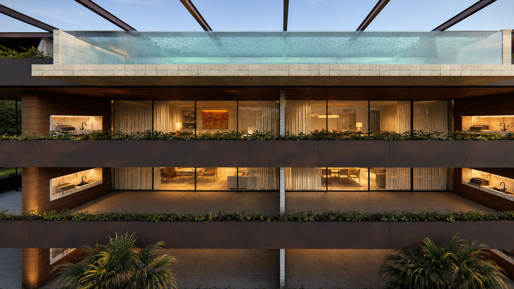 Empreendimento residencial contemporâneo de alto padrão com arquitetura autoral, rooftop com piscina, áreas de lazer sofisticadas, interiores minimalistas e integração entre madeira, pedra natural e paisagismo tropical.