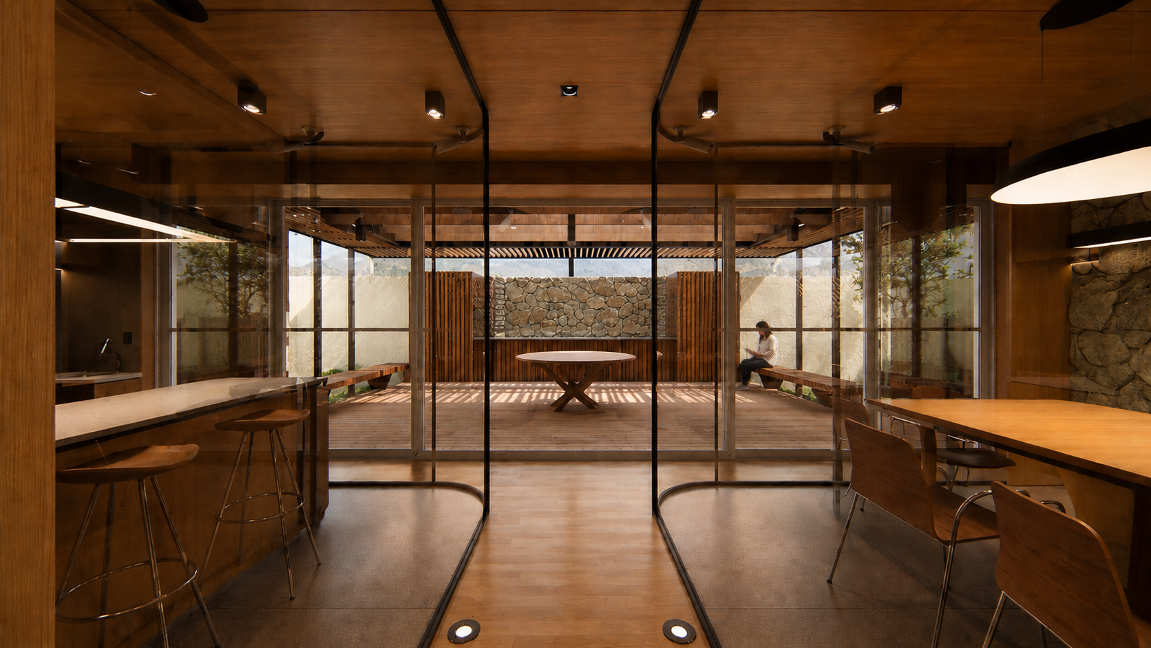 Projeto corporativo contemporâneo com arquitetura minimalista, integração entre madeira natural, pedra moledo e estrutura metálica. Ambientes sofisticados com iluminação natural, design biofílico e espaços de convivência que unem conforto, funcionali