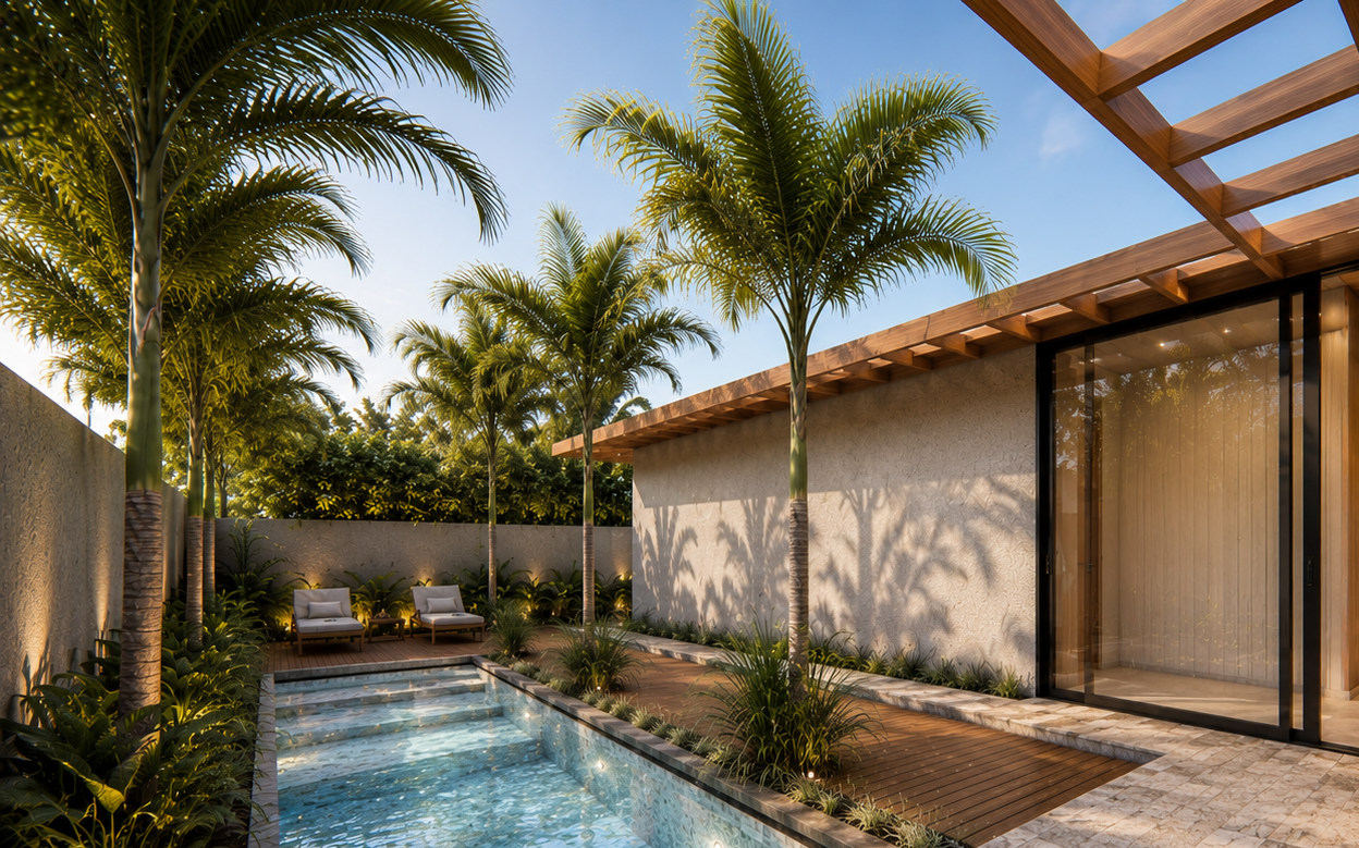 Residência contemporânea de alto padrão desenvolvida pela Fdonati Studio, com arquitetura integrada à natureza, piscina privativa, estrutura leve em madeira, paisagismo tropical e espaços projetados para conforto, sofisticação e bem-estar.