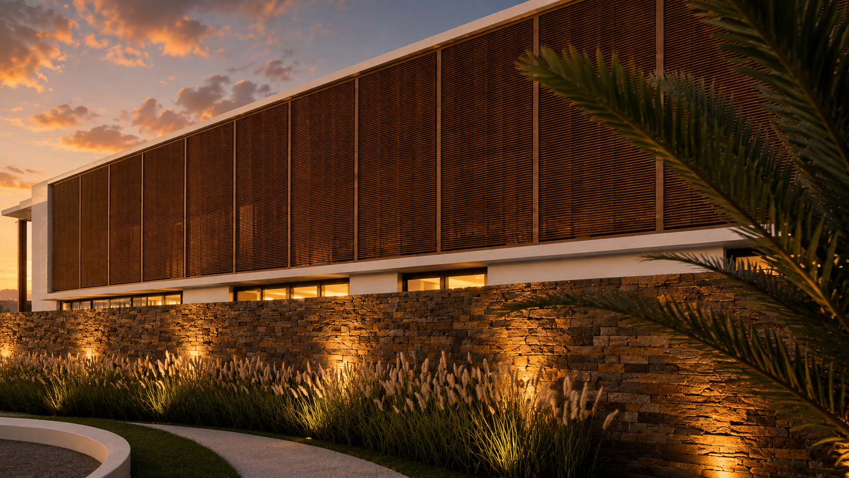 Residência contemporânea de alto padrão em Campinas, com arquitetura minimalista, grandes painéis em madeira Cumaru, volumes em balanço, amplas esquadrias de vidro e integração entre arquitetura, paisagismo e iluminação cênica ao pôr do sol.