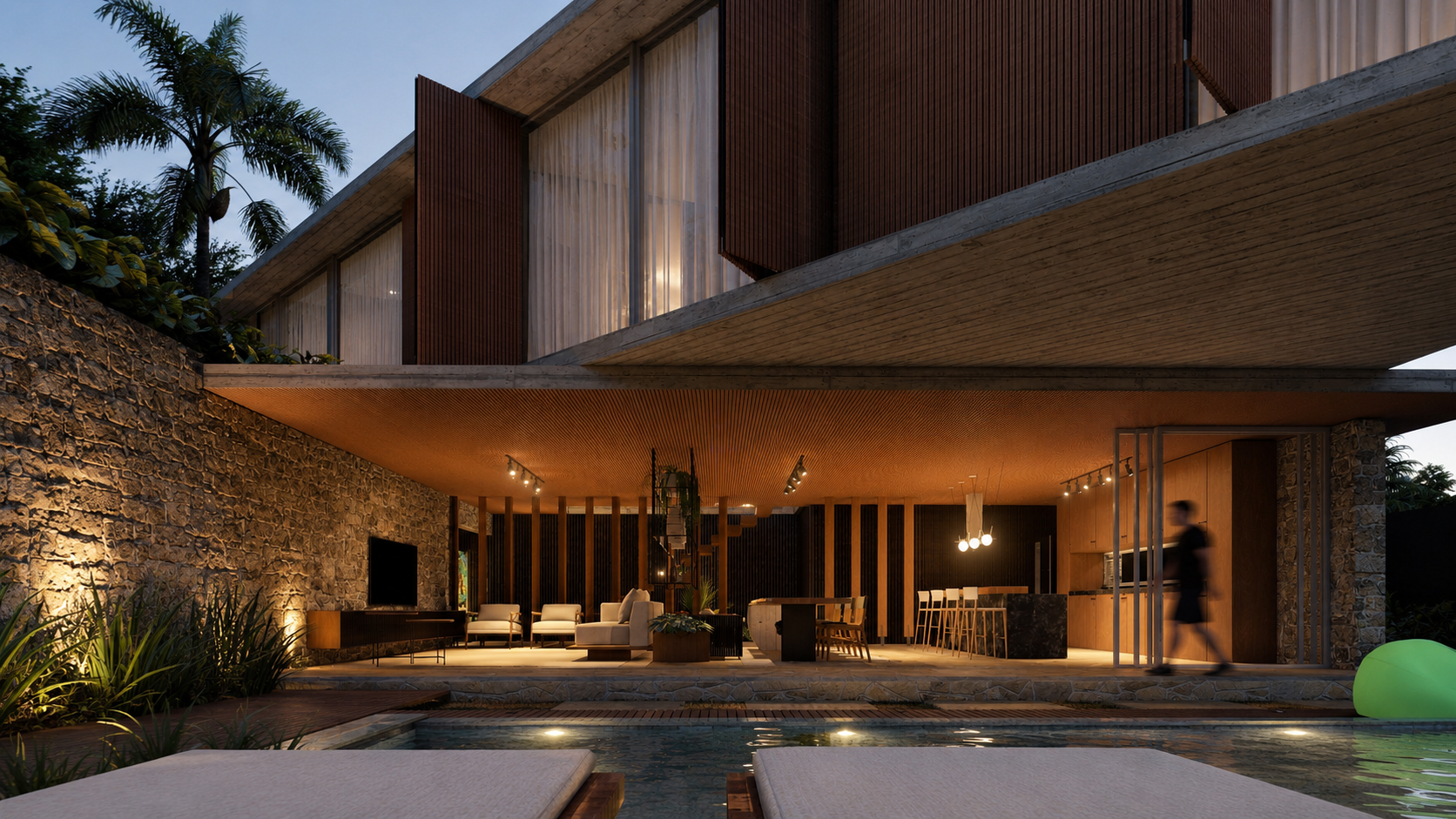 Residência contemporânea de alto padrão com arquitetura tropical minimalista, integração entre interiores e natureza, volumes em concreto aparente, madeira natural, piscina em pedra natural e ambientes amplos inspirados na arquitetura autoral contemp