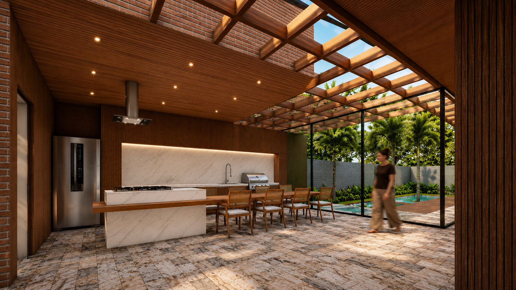 Residência contemporânea de alto padrão desenvolvida pela Fdonati Studio, com arquitetura integrada à natureza, piscina privativa, estrutura leve em madeira, paisagismo tropical e espaços projetados para conforto, sofisticação e bem-estar.