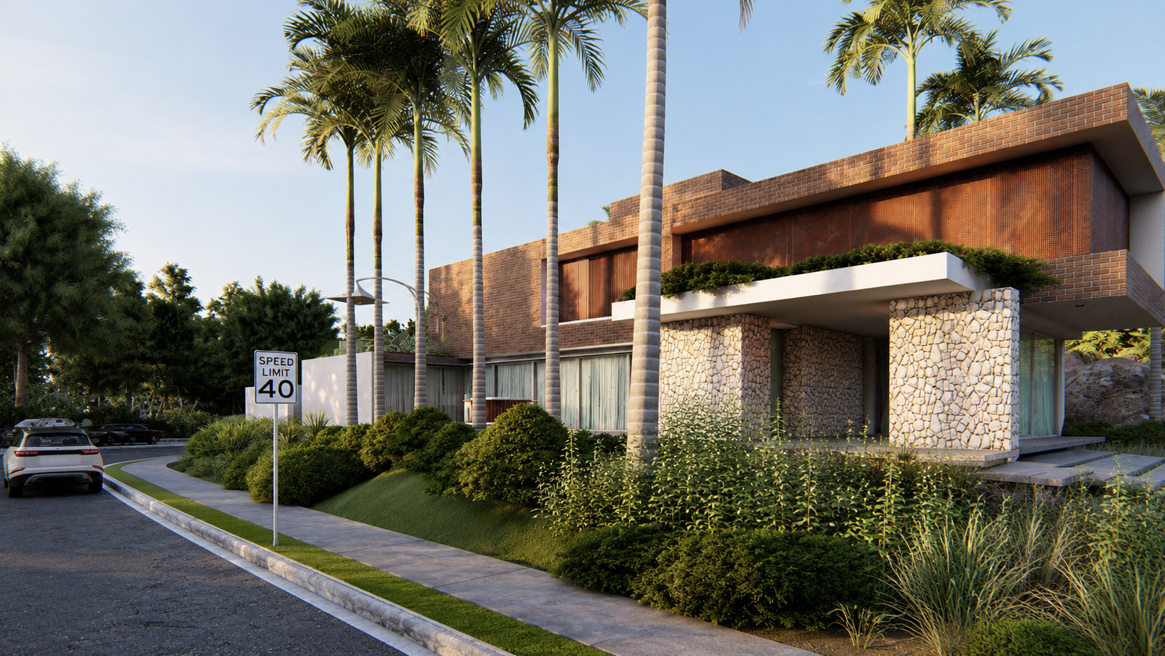 Projeto residencial moderno com fachada em tijolo aparente, grandes aberturas em vidro e integração entre arquitetura e natureza.