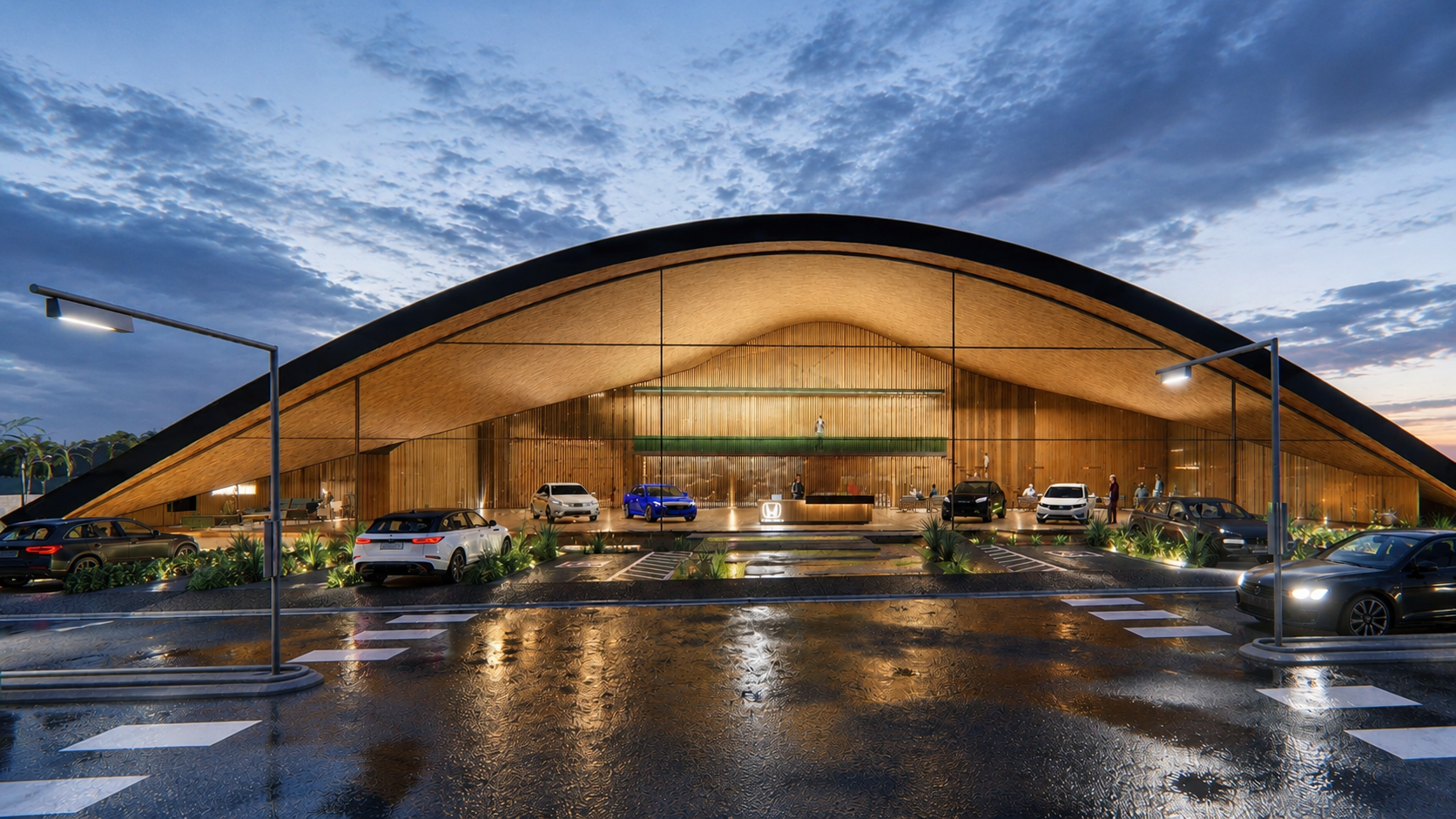 Concessionária automotiva contemporânea com arquitetura orgânica e sustentável, marcada por grandes curvas estruturais, cobertura verde, interiores sofisticados em madeira natural e amplas fachadas envidraçadas. O projeto EcoCarStore combina design i