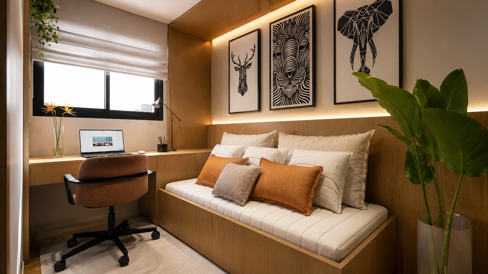 Projeto de interiores contemporâneo para apartamento de 100m², com ambientes integrados, marcenaria sob medida, iluminação indireta, materiais naturais e design minimalista sofisticado, criando espaços acolhedores, funcionais e atemporais.