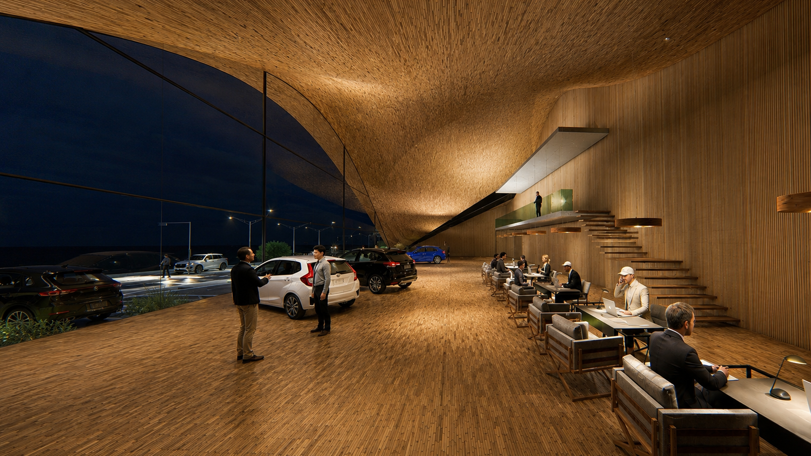 Concessionária automotiva contemporânea com arquitetura orgânica e sustentável, marcada por grandes curvas estruturais, cobertura verde, interiores sofisticados em madeira natural e amplas fachadas envidraçadas. O projeto EcoCarStore combina design i
