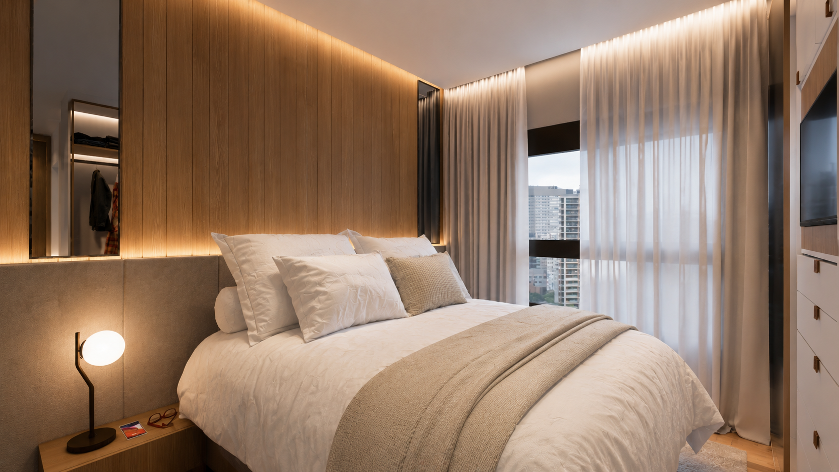 Projeto de interiores contemporâneo para apartamento de 100m², com ambientes integrados, marcenaria sob medida, iluminação indireta, materiais naturais e design minimalista sofisticado, criando espaços acolhedores, funcionais e atemporais.