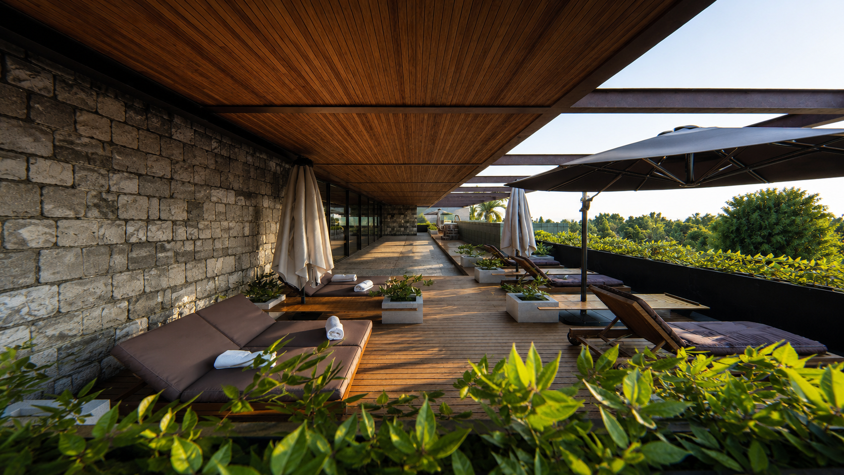 Empreendimento residencial contemporâneo de alto padrão com arquitetura autoral, rooftop com piscina, áreas de lazer sofisticadas, interiores minimalistas e integração entre madeira, pedra natural e paisagismo tropical.