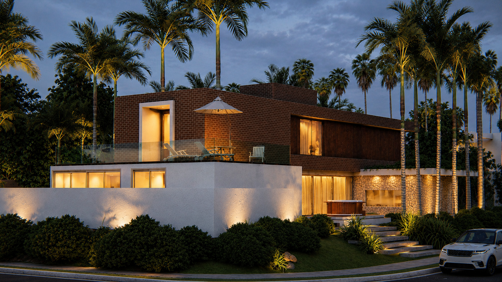Projeto residencial moderno com fachada em tijolo aparente, grandes aberturas em vidro e integração entre arquitetura e natureza.