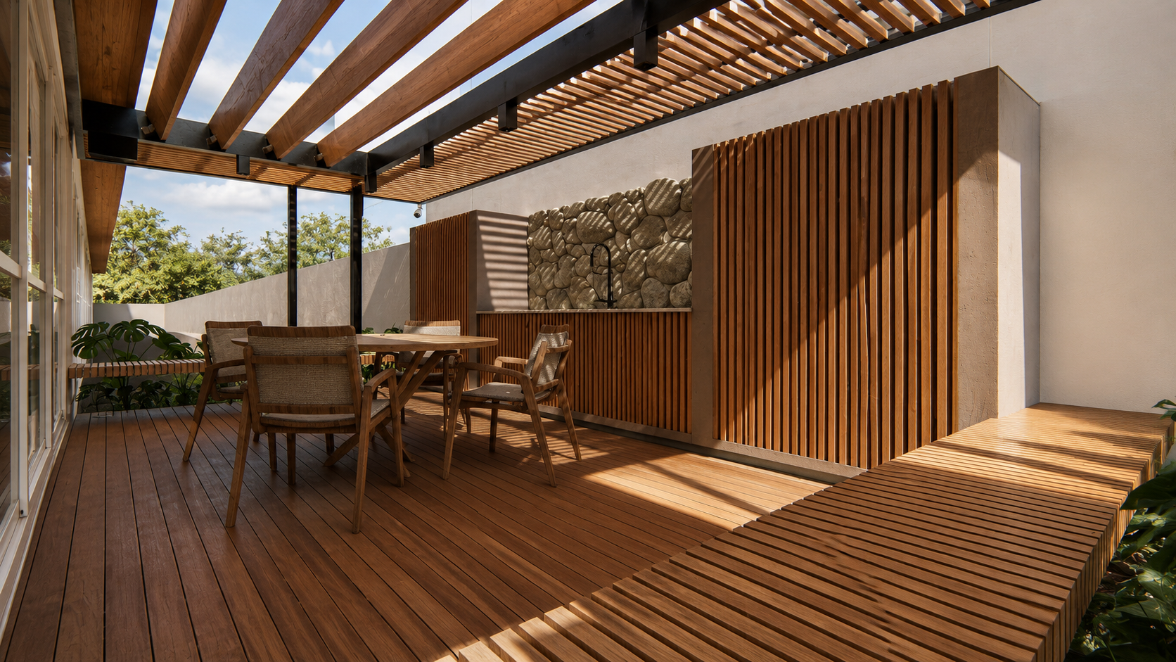Projeto corporativo contemporâneo com arquitetura minimalista, integração entre madeira natural, pedra moledo e estrutura metálica. Ambientes sofisticados com iluminação natural, design biofílico e espaços de convivência que unem conforto, funcionali