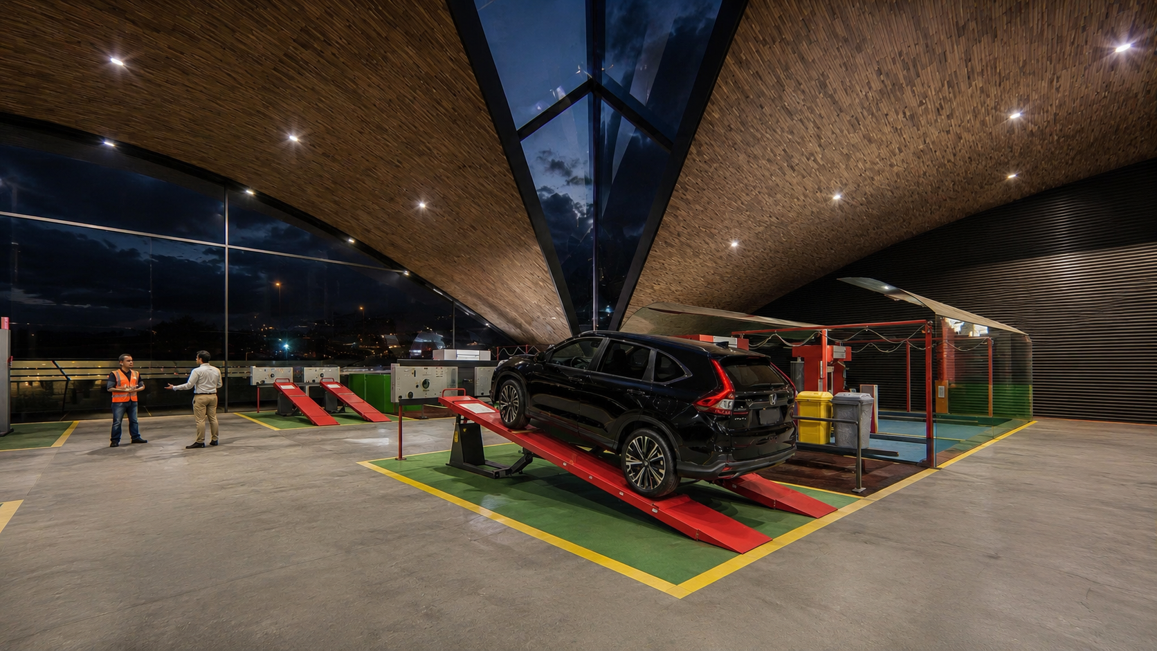 Concessionária automotiva contemporânea com arquitetura orgânica e sustentável, marcada por grandes curvas estruturais, cobertura verde, interiores sofisticados em madeira natural e amplas fachadas envidraçadas. O projeto EcoCarStore combina design i