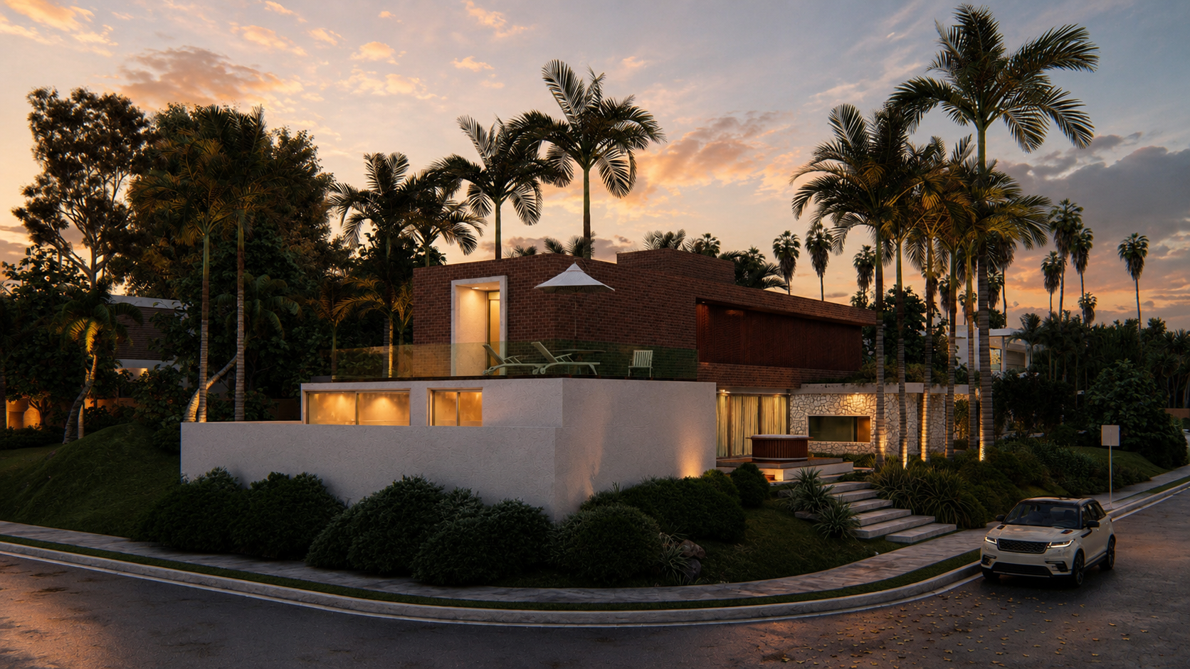 Projeto residencial moderno com fachada em tijolo aparente, grandes aberturas em vidro e integração entre arquitetura e natureza.