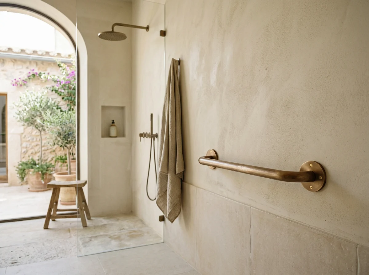 Baño con ducha de vidrio, suelo de piedra, pared beige, toalla colgada y agarradera de soporte, vista a patio exterior con plantas y ventana grande.