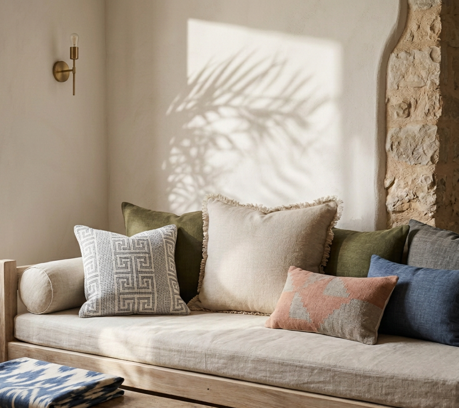 Sofá con varias almohadas de diferentes colores y texturas, con sombra de una planta en la pared de fondo, en una habitación con muro de piedra y pared de yeso, luz natural.