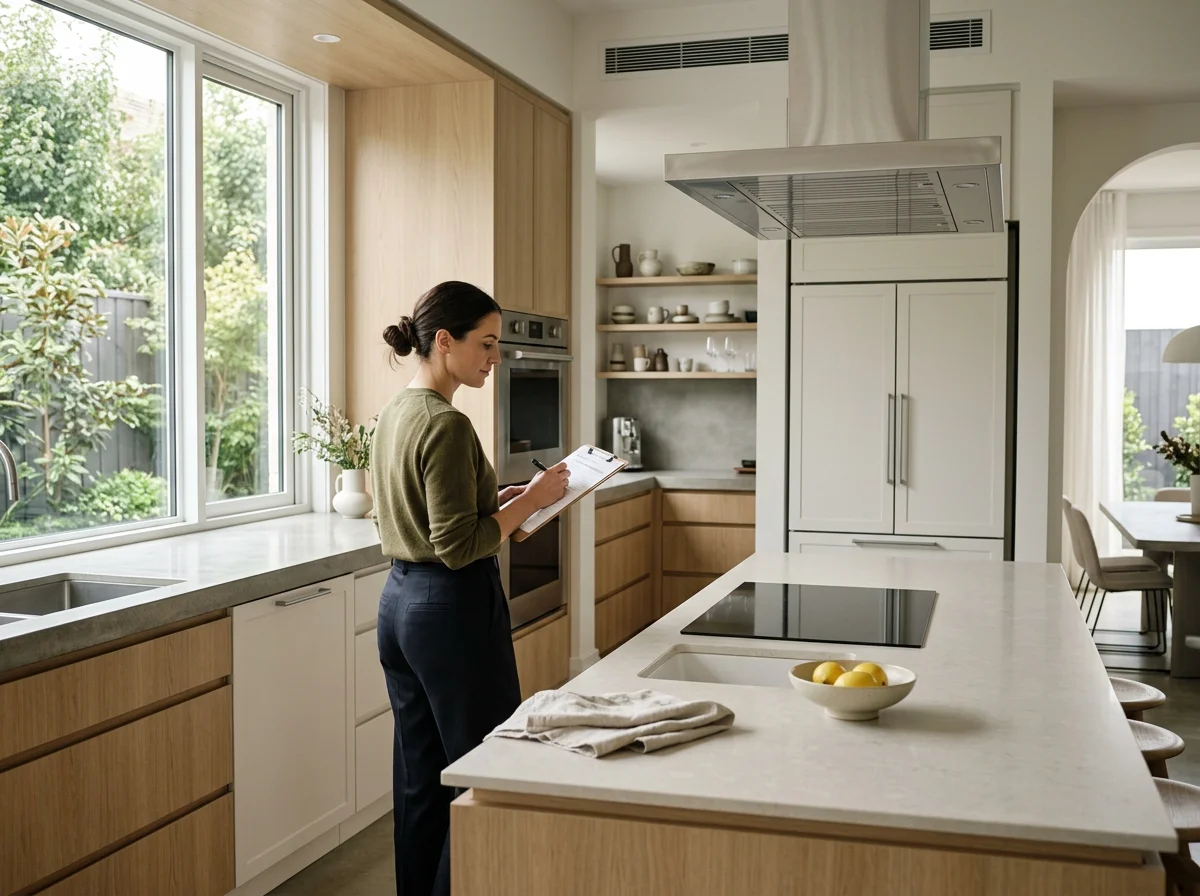 Mujer en cocina moderna con gabinetes de madera, encimera de piedra y electrodomésticos integrados, escribiendo en una libreta.