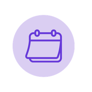 Icon of a calendar with a purple outline on a light purple circular background.