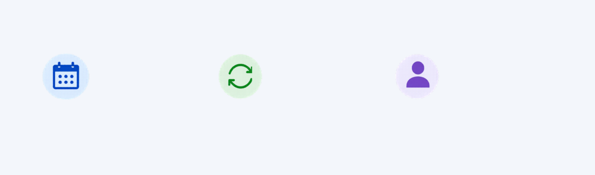Screenshot of a digital interface with three icons: a blue calendar icon on the left, a green refresh icon in the middle, and a purple user icon on the right.