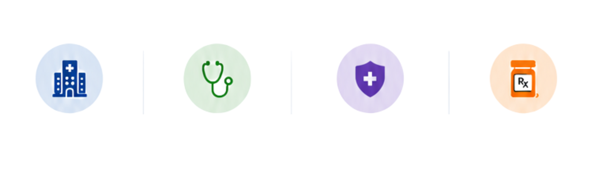 Icons representing a hospital, a stethoscope, a shield with a medical cross, and a prescription bottle.