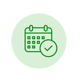 Calendar icon with a checkmark over a light green background.