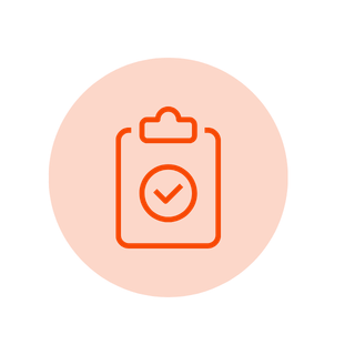 Orange circle with a clipboard icon and a checkmark in the center.