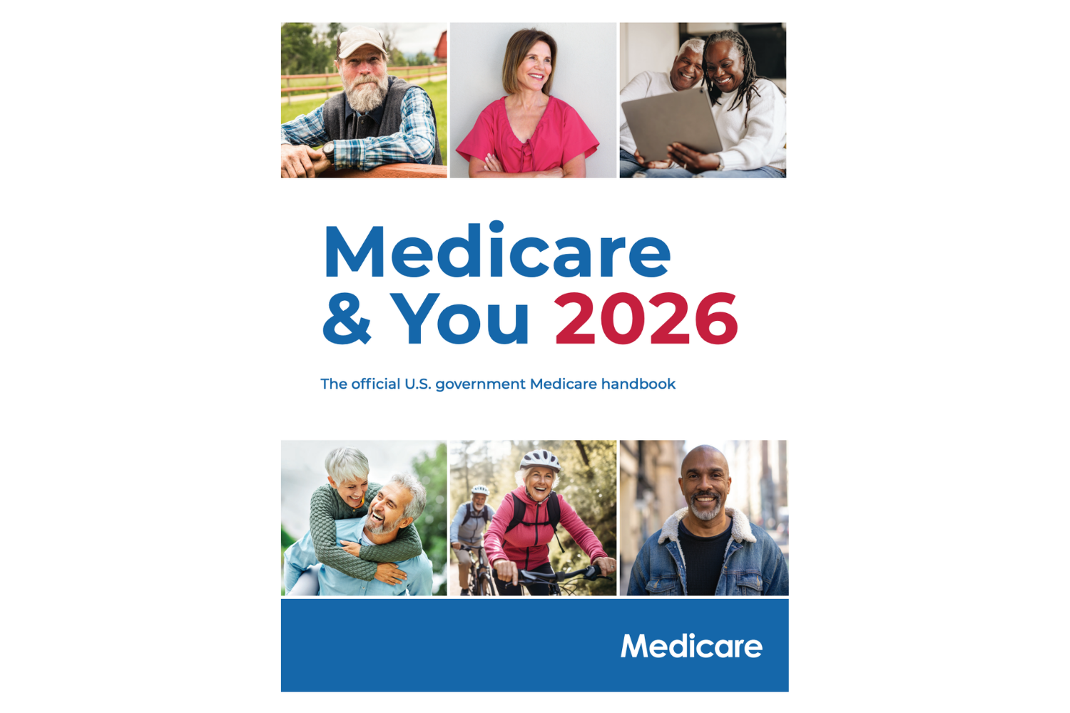 Cover image of the 2026 Medicare & You handbook, featuring photos of diverse people including seniors, a woman, and young individuals engaged in activities like cycling and smiling, with the title and subtitle in bold text.