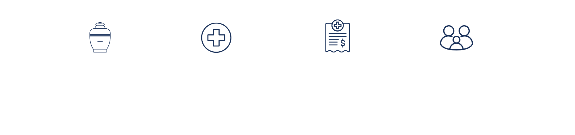 Collection of five healthcare-related icons in a row, including a pill bottle, medical cross, medical receipt, and a group of people.