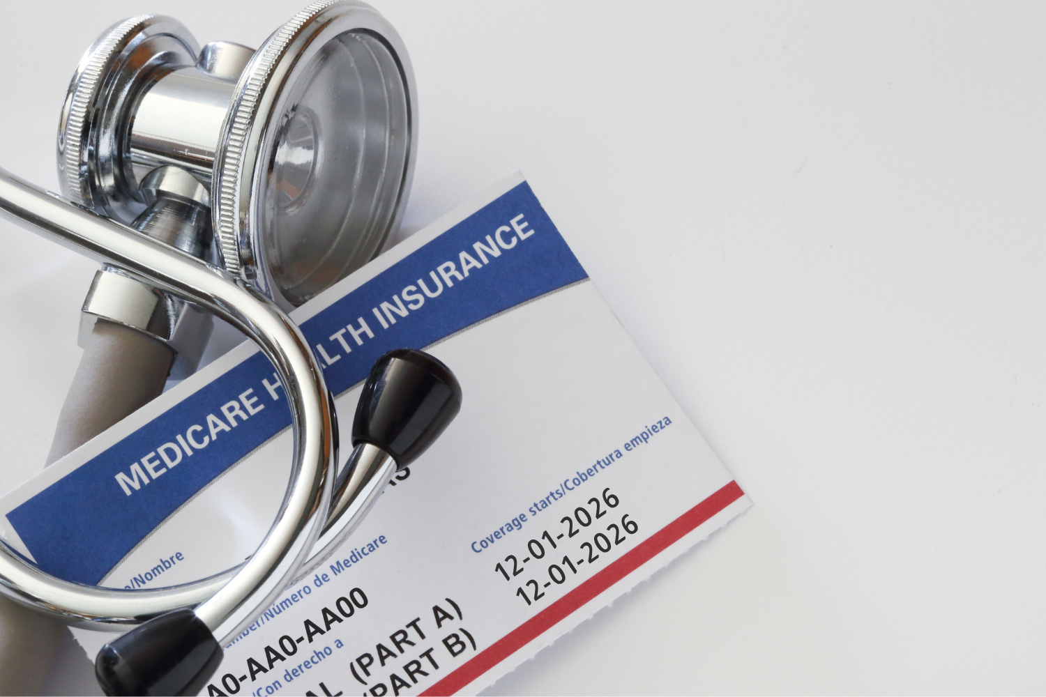 A stethoscope resting on a Medicaid health insurance card with white background.