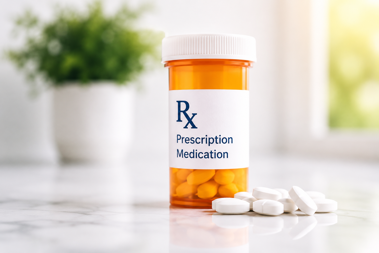 An orange prescription medication bottle with white tablets beside it on a white surface, with a blurred green plant in the background.